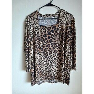 Susan Graver Womens Blouse Brown Black Leopard Long Sleeve Square Neck XL..cl